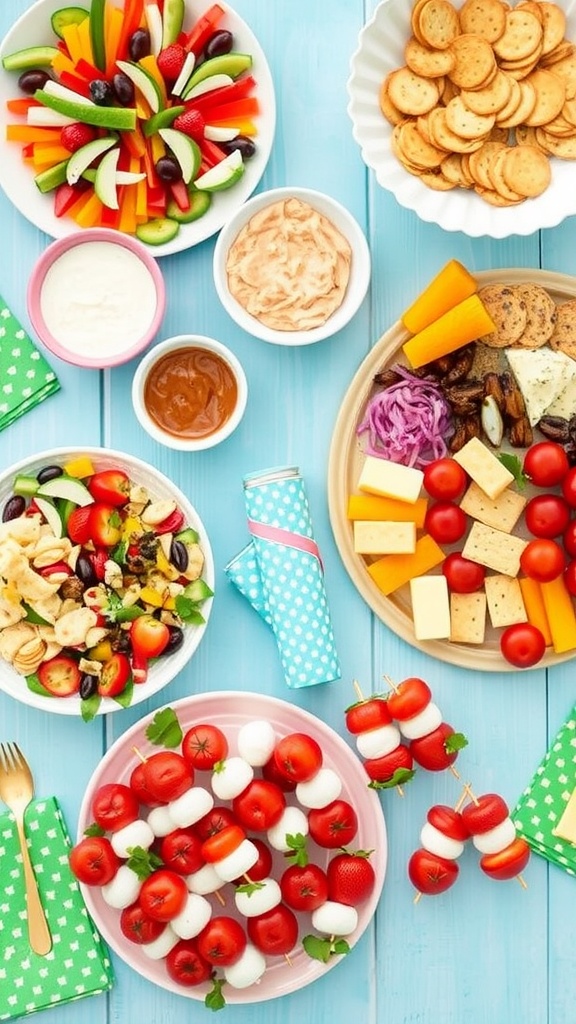 A table full of easy party appetizers including vegetables, cheese, and skewers, ready for a celebration.